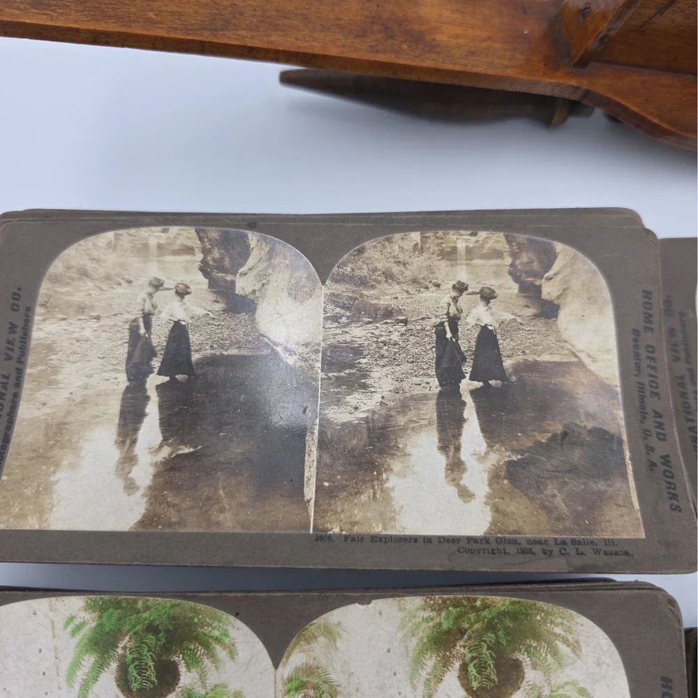 Antique Underwood Stereoscope Viewer Metal Wood and 60 Stereoview Sepia Cards